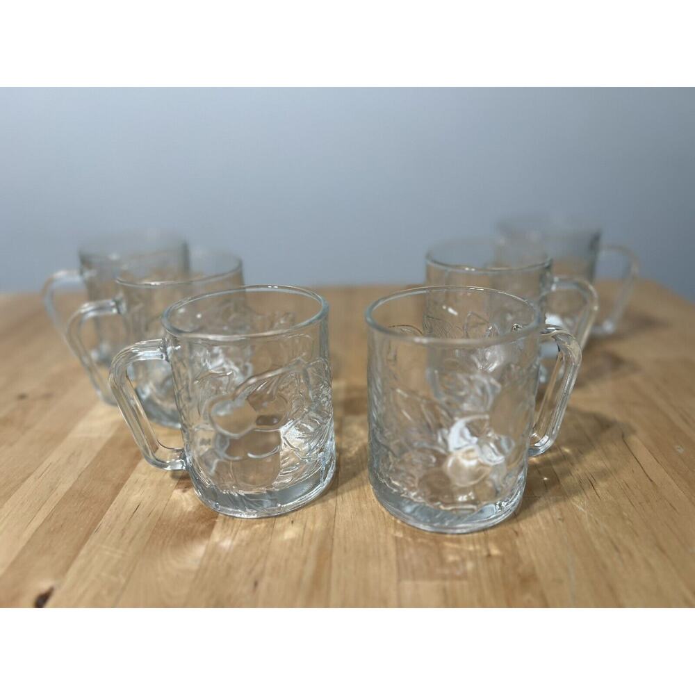 Beautiful Set of 6 Vtg KIG Clear Glass Coffee Mugs Indonesia Embossed Handles